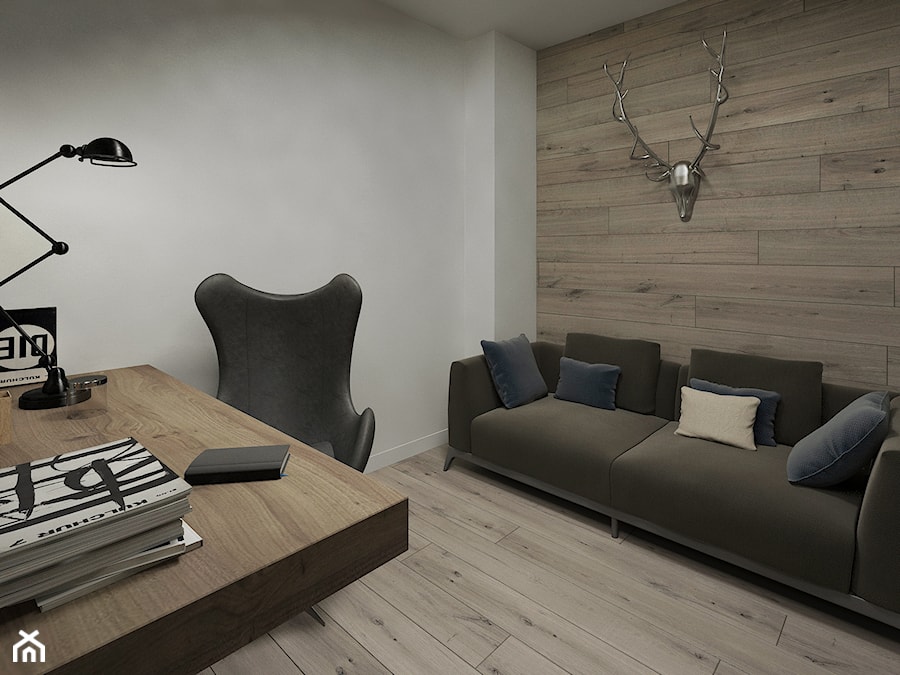 Industrial Loft - Małe w osobnym pomieszczeniu z sofą z zabudowanym biurkiem białe biuro - zdjęcie od DISENO INTERIORS - Apartamenty PREMIUM