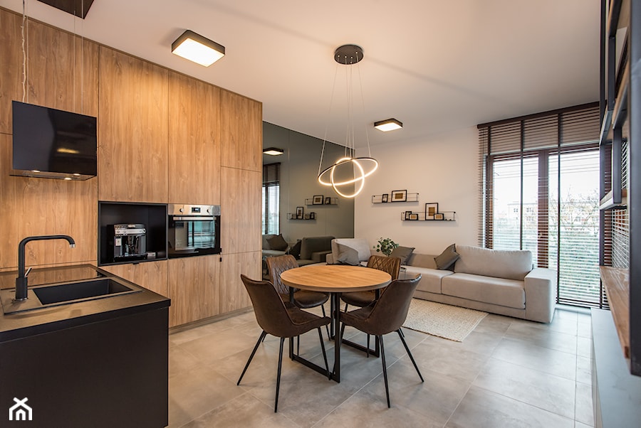 Realizacja - Apartament przy Parku - Średnia biała szara jadalnia w salonie w kuchni - zdjęcie od DISENO INTERIORS - Apartamenty PREMIUM