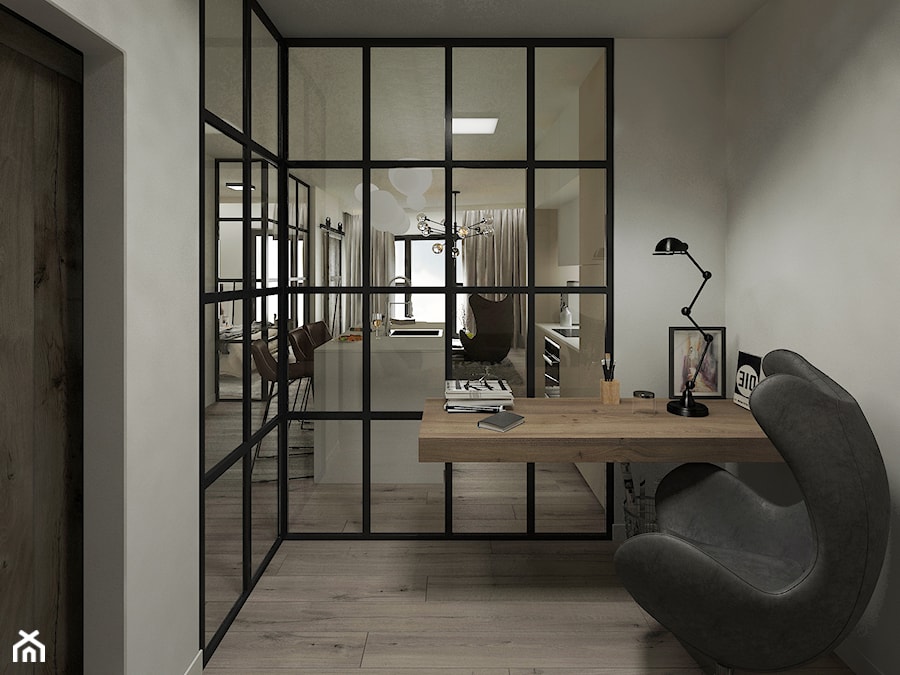 Industrial Loft - Małe z zabudowanym biurkiem szare biuro - zdjęcie od DISENO INTERIORS - Apartamenty PREMIUM