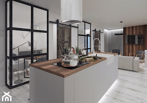 Cozy Loft Industrial - Średnia biała z zabudowaną lodówką z nablatowym zlewozmywakiem kuchnia z wyspą lub półwyspem - zdjęcie od DISENO INTERIORS - Apartamenty PREMIUM