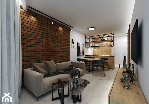 Apartament w stylu industrialnym - Mały biały brązowy salon z kuchnią z jadalnią - zdjęcie od DISENO INTERIORS - Apartamenty PREMIUM