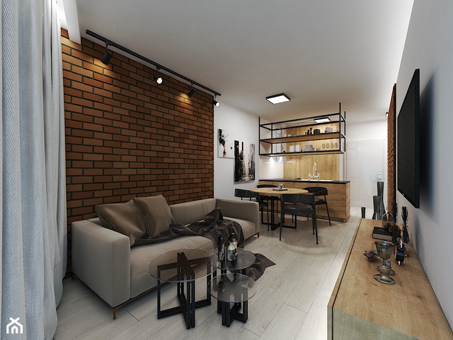 Apartament w stylu industrialnym - Mały biały brązowy salon z kuchnią z jadalnią - zdjęcie od DISENO INTERIORS - Apartamenty PREMIUM