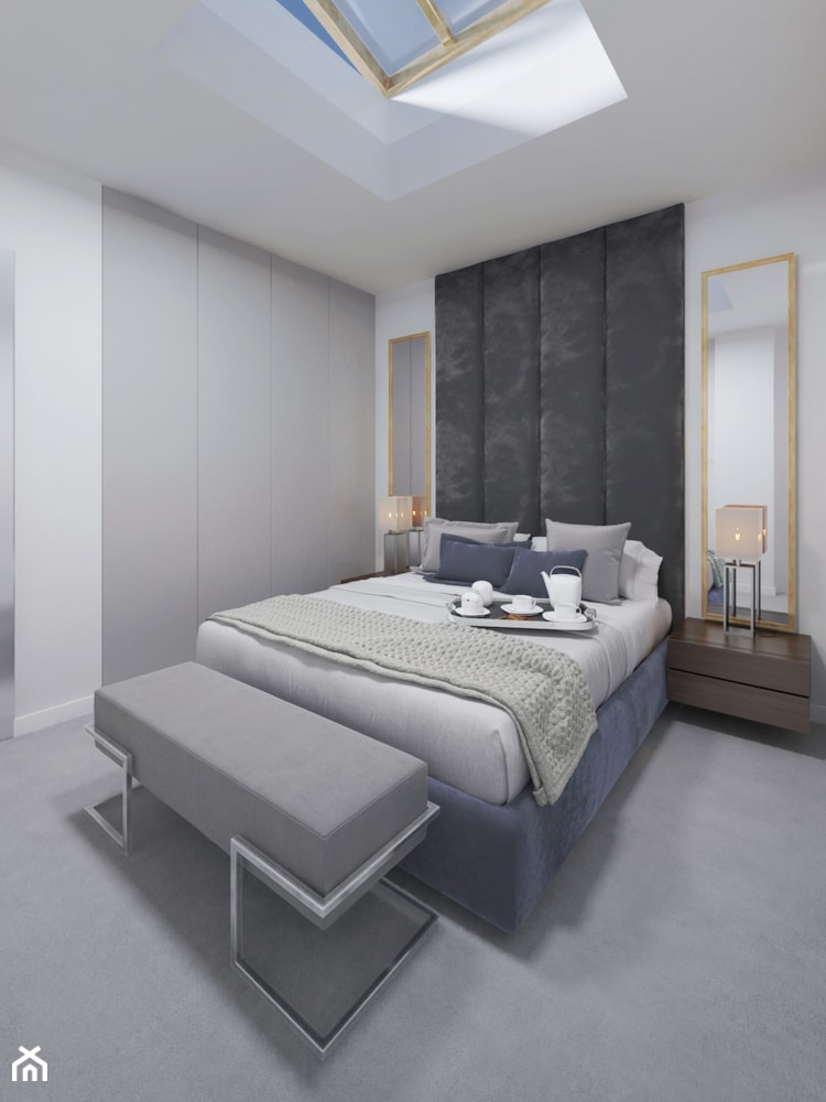 Moderno Art Deco - Średnia biała szara sypialnia na poddaszu - zdjęcie od DISENO INTERIORS - Apartamenty PREMIUM
