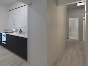 Loft 33 - Średnia otwarta szara z zabudowaną lodówką kuchnia jednorzędowa z marmurem nad blatem kuchennym - zdjęcie od DISENO INTERIORS - Apartamenty PREMIUM
