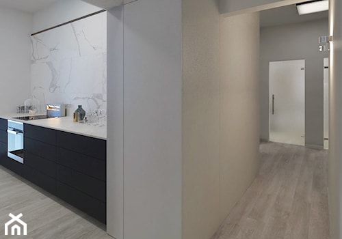 Loft 33 - Średnia otwarta szara z zabudowaną lodówką kuchnia jednorzędowa z marmurem nad blatem kuchennym - zdjęcie od DISENO INTERIORS - Apartamenty PREMIUM