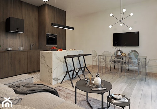 Elegancki Minimalizm - Średni beżowy salon z kuchnią z jadalnią - zdjęcie od DISENO INTERIORS - Apartamenty PREMIUM
