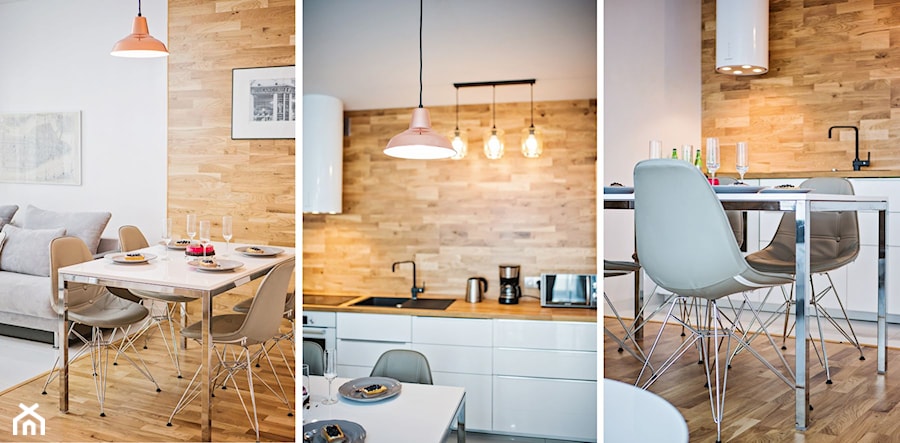Apartament Wood & White - Średnia biała jadalnia w salonie w kuchni - zdjęcie od DISENO INTERIORS - Apartamenty PREMIUM