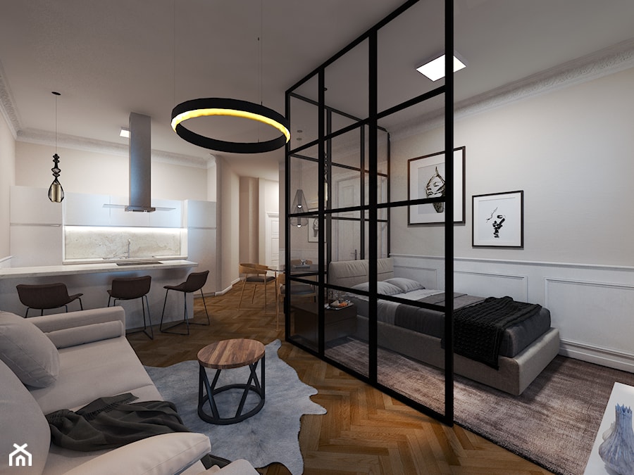 Kawalerka w historycznej kamienicy - Średni biały salon z kuchnią z jadalnią - zdjęcie od DISENO INTERIORS - Apartamenty PREMIUM