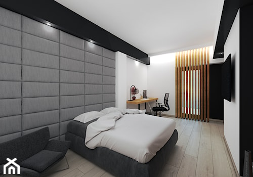 Apartament w stylu industrialnym - Duża biała szara z panelami tapicerowanymi sypialnia - zdjęcie od DISENO INTERIORS - Apartamenty PREMIUM