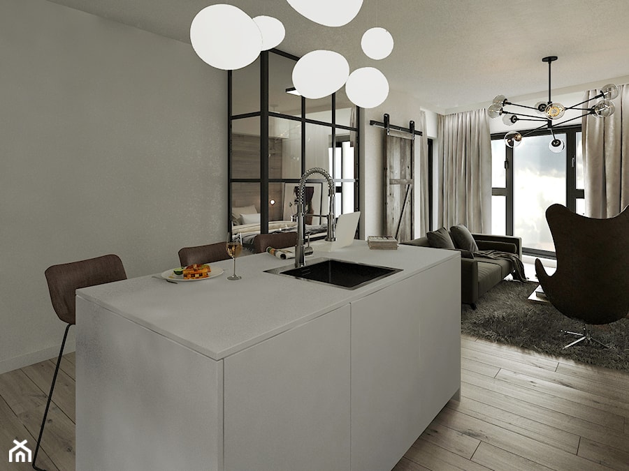 Industrial Loft - Średnia biała z podblatowym zlewozmywakiem kuchnia z wyspą lub półwyspem - zdjęcie od DISENO INTERIORS - Apartamenty PREMIUM