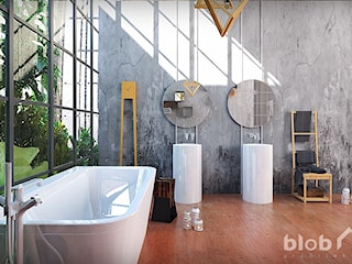 Łazienka w stylu industrialnym, z betonową ścianą i zielenią