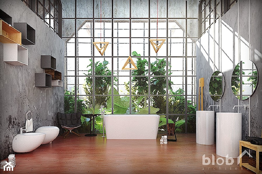 Łazienka w stylu industrialnym, z betonową ścianą i zielenią - zdjęcie od BLOB architekci