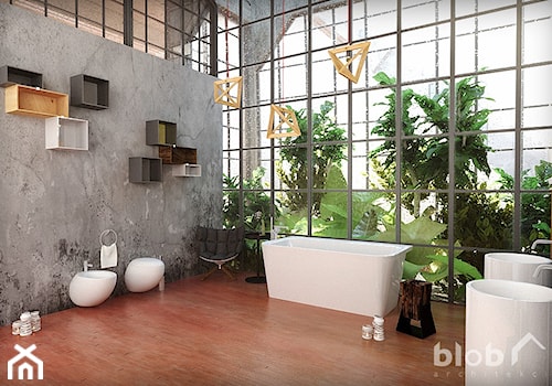 Łazienka w stylu industrialnym, z betonową ścianą i zielenią - zdjęcie od BLOB architekci