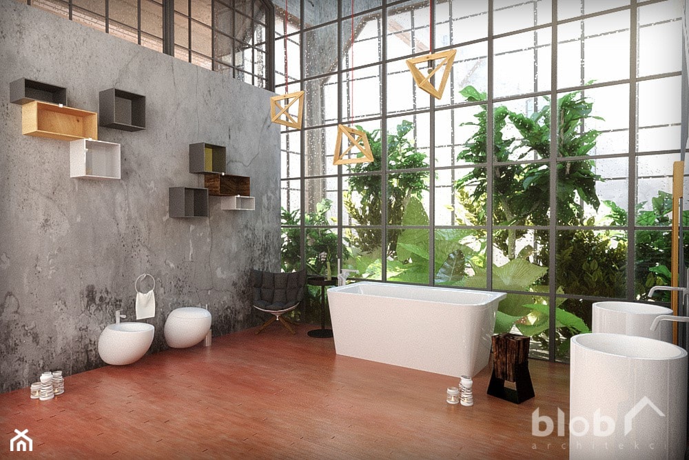 Łazienka w stylu industrialnym, z betonową ścianą i zielenią - zdjęcie od BLOB architekci - Homebook