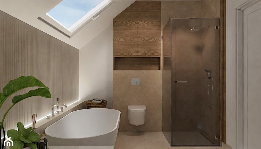 Beżowa łazienka z wanną - Łazienka, styl nowoczesny - zdjęcie od E Home Design