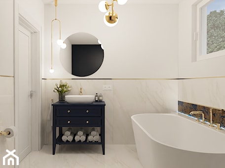 Aranżacje wnętrz - Łazienka: Projekt biało-granatowej łazienki - Łazienka, styl glamour - E Home Design. Przeglądaj, dodawaj i zapisuj najlepsze zdjęcia, pomysły i inspiracje designerskie. W bazie mamy już prawie milion fotografii!