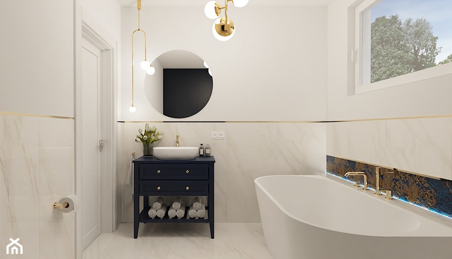 Projekt biało-granatowej łazienki - Łazienka, styl glamour - zdjęcie od E Home Design