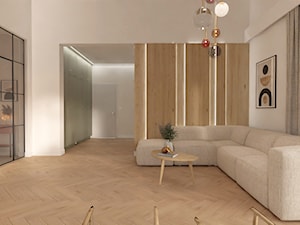 Salon z podłogą w jodełkę - zdjęcie od E Home Design