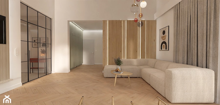 Salon z podłogą w jodełkę - zdjęcie od E Home Design