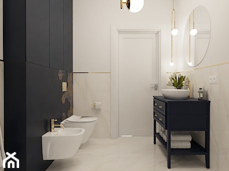 Aranżacje wnętrz - Łazienka: Projekt biało-granatowej łazienki - Łazienka, styl glamour - E Home Design. Przeglądaj, dodawaj i zapisuj najlepsze zdjęcia, pomysły i inspiracje designerskie. W bazie mamy już prawie milion fotografii!