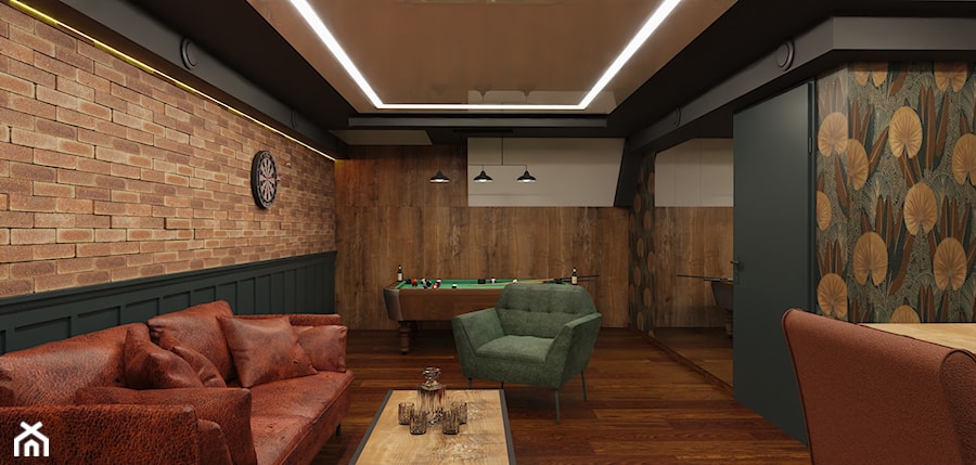 Projekt męskiej piwnicy - Salon, styl industrialny - zdjęcie od E Home Design