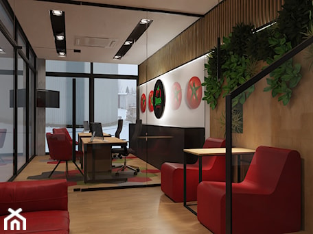 Aranżacje wnętrz - Biuro: Projekt "pomidorowego" biura - Biuro, styl nowoczesny - E Home Design. Przeglądaj, dodawaj i zapisuj najlepsze zdjęcia, pomysły i inspiracje designerskie. W bazie mamy już prawie milion fotografii!