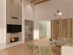 Salon z wysokim sufitem i kominkiem - zdjęcie od E Home Design