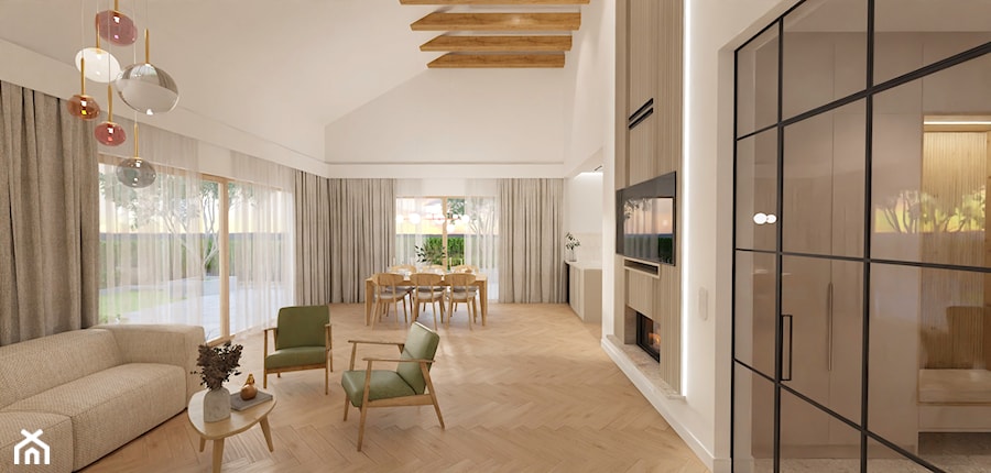 Otwarty salon z wysokim sufitem - zdjęcie od E Home Design