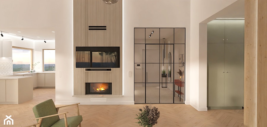 Salon z wysokim sufitem i kominkiem - zdjęcie od E Home Design