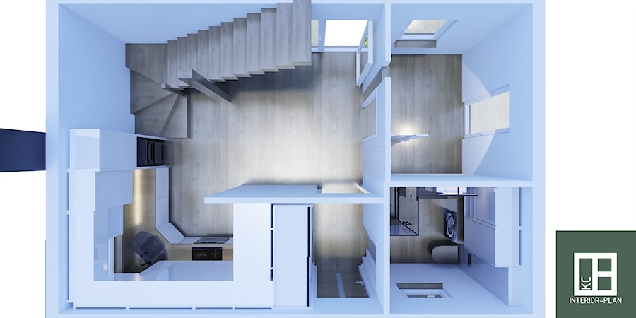 Projekt domu 35m2 POTAMIA z antresolą + budynek gospodarczy z garażem - Salon, styl nowoczesny - zdjęcie od KC Interior-Plan Studio Projektowe Toruń