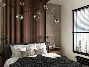 Mieszkanie w loftowym stylu - Średnia biała brązowa szara sypialnia, styl industrialny - zdjęcie od 77m2 Aleksandra Kamińska Projektowanie wnętrz