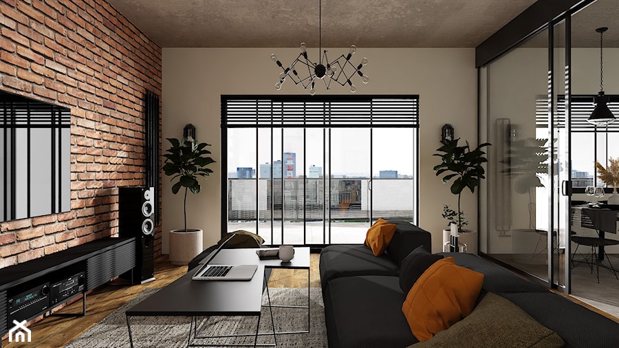 Mieszkanie w loftowym stylu - Salon, styl industrialny - zdjęcie od 77m2 Aleksandra Kamińska Projektowanie wnętrz