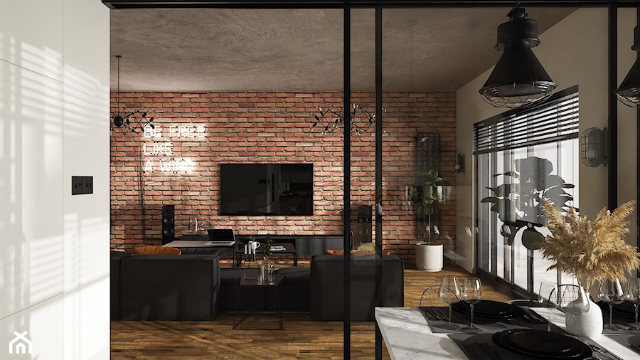 Mieszkanie w loftowym stylu - Salon, styl industrialny - zdjęcie od 77m2 Aleksandra Kamińska Projektowanie wnętrz