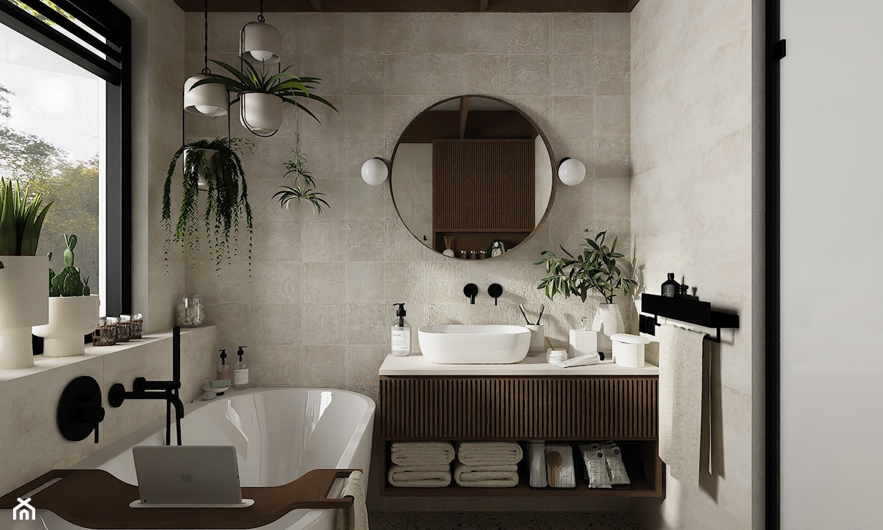 Modne łazienki 2024 - naturalna łazienka z kamieniem, drewnem i roślinami