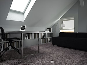 _ Poznań 10 - Duże w osobnym pomieszczeniu z sofą z zabudowanym biurkiem szare biuro - zdjęcie od w n ę t r z a r k i