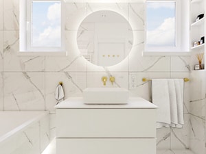 Biała marmurkowa łazienka z tapetą - zdjęcie od NK STUDIO