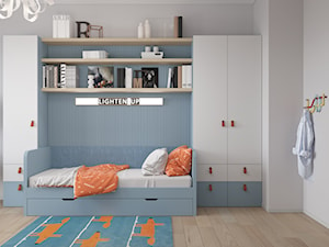 72 mkw, Wólczyńska - Średni biały niebieski pokój dziecka dla nastolatka dla chłopca, styl skandynawski - zdjęcie od DZIURDZIAprojekt