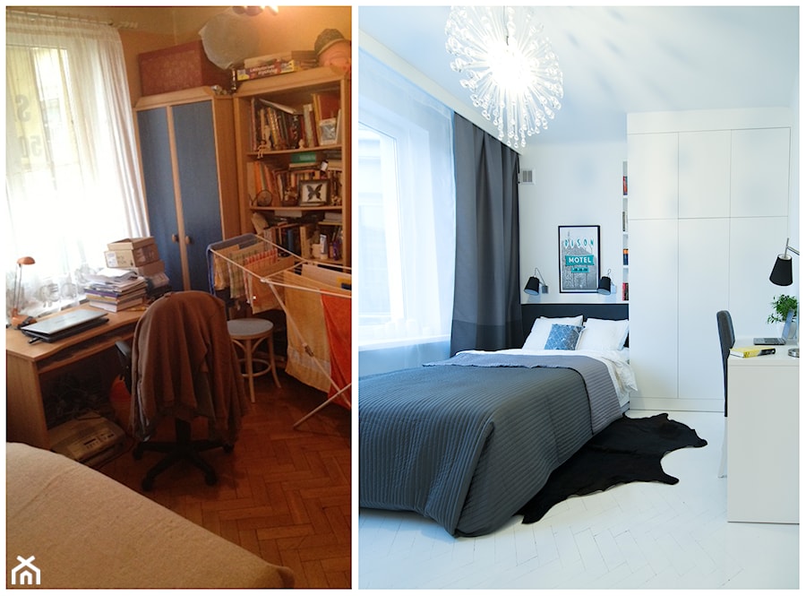 38 m, Plac Zbawiciela, Wwa - Średnia biała z biurkiem sypialnia, styl vintage - zdjęcie od DZIURDZIAprojekt