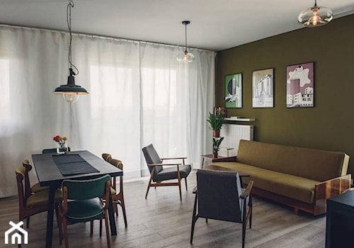 89m, Soho Factory, Wwa - Mały zielony salon z jadalnią, styl vintage - zdjęcie od DZIURDZIAprojekt