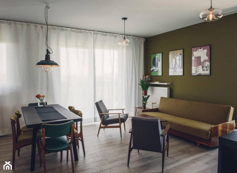 89m, Soho Factory, Wwa - Mały zielony salon z jadalnią, styl vintage - zdjęcie od DZIURDZIAprojekt - Homebook