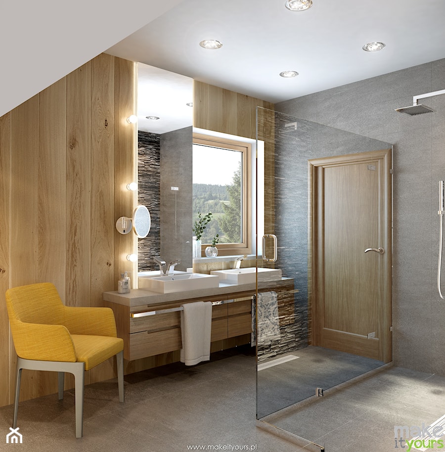 Łazienka z drewnem i kamieniem - zdjęcie od Make It Yours Studio projektowania wnętrz