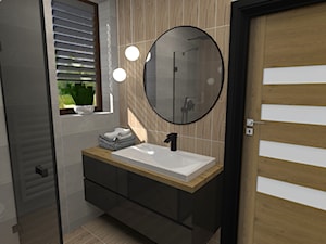 Nowoczesna łazienka w połączeniu szarości i drewna + czarna armatura. - zdjęcie od DeCe Wnętrza - Dominika Ciuberek