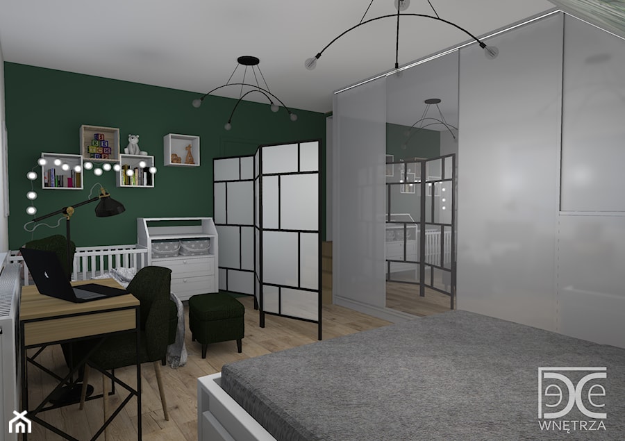Sypialnia z kącikiem dla niemowlaka w stylu skandynawsko-loftowym. Sypialnia na poddaszu - zdjęcie od DeCe Wnętrza - Dominika Ciuberek