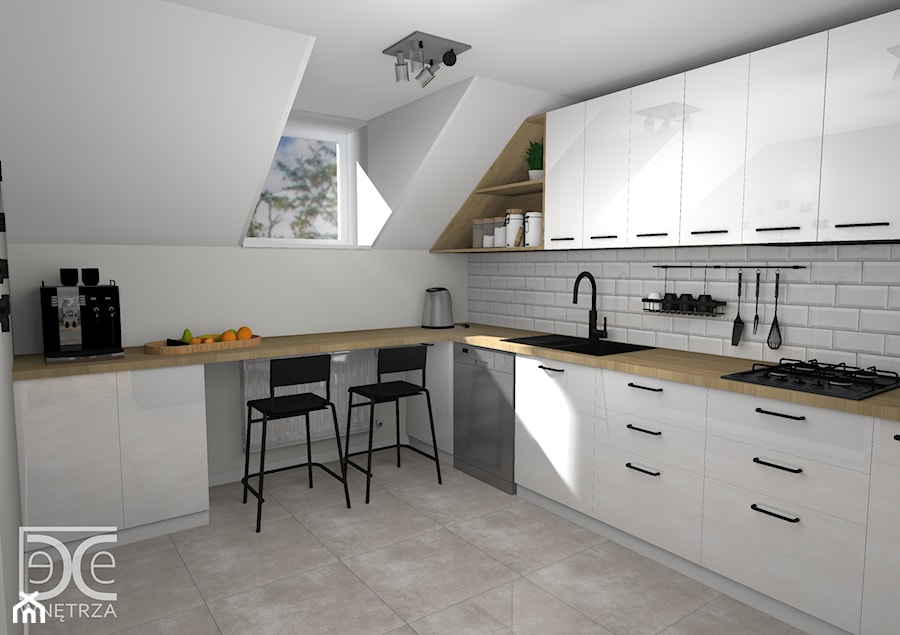 Projekt białej kuchni na poddaszu w stylu skandynawsko - loftowym. - zdjęcie od DeCe Wnętrza - Dominika Ciuberek