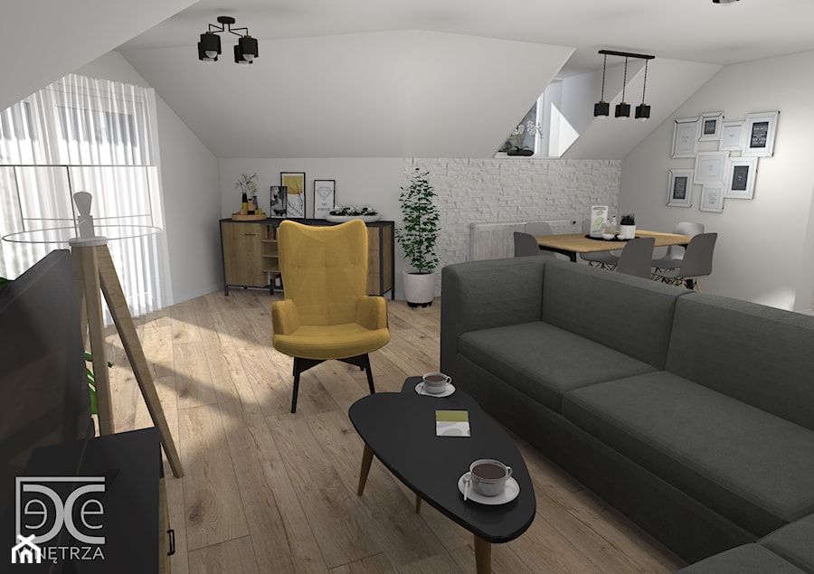 Projekt salonu na poddaszu w stylu skandynawsko - loftowym. - zdjęcie od DeCe Wnętrza - Dominika Ciuberek