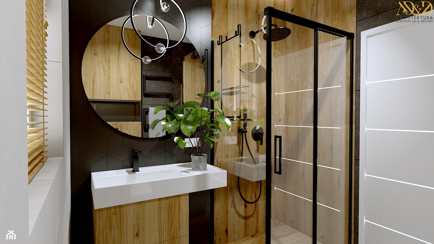 czarna łazienka z drewnem inspiracje