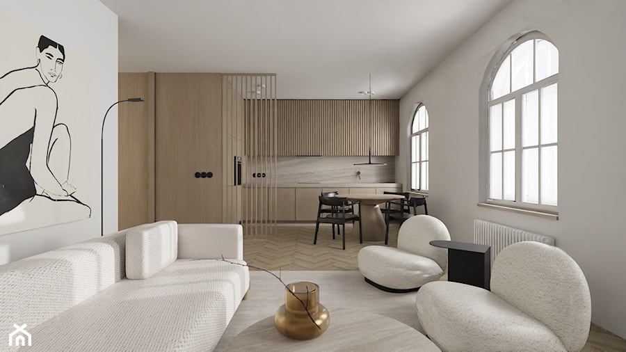 Minimalistyczne mieszkanie z przewagą drewna - Salon, styl minimalistyczny - zdjęcie od Agnieszka Małecka Architekt Wnętrz