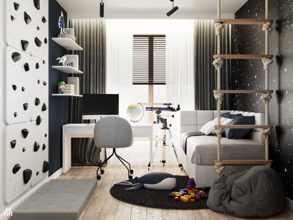 Pokój dla chłopca, nowoczesny, motyw kosmosu, czerń, granat, biel - zdjęcie od Julia Podsiadło Design - Homebook