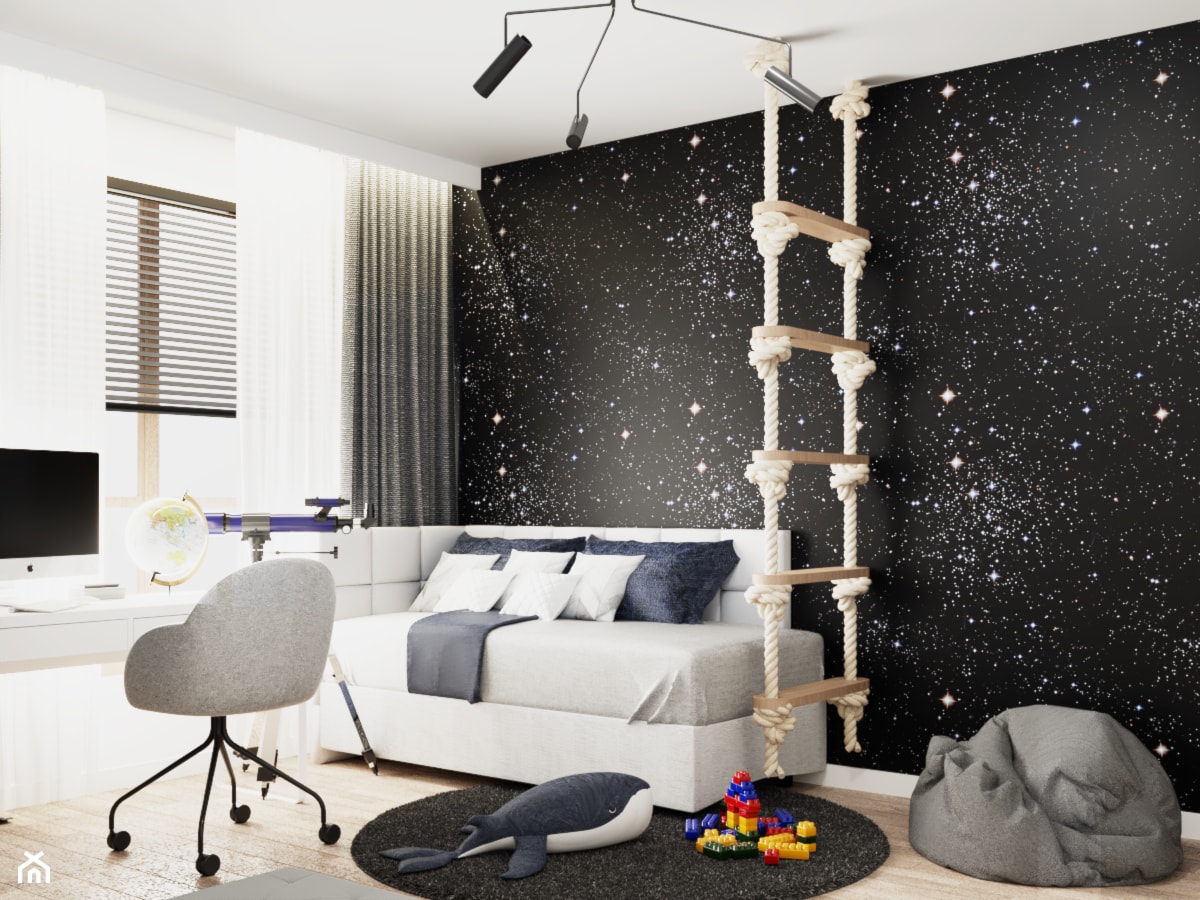 Pokój dla chłopca, nowoczesny, motyw kosmosu, czerń, granat, biel - zdjęcie od Julia Podsiadło Design - Homebook