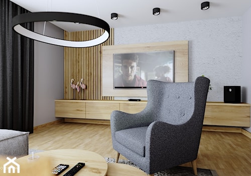 Salon w stylu minimalistycznym z lamelami na ścianie - zdjęcie od ID Studio Projektowe